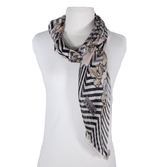 Gianfranco Ferre Unisex Large Black White Chevron Floral Silk Scarf 174 x 35 cm - Picture 5 of 5